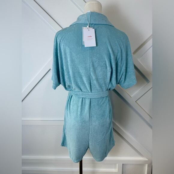 NWT Andie Swim Terry Button-Up Short Romper Cablu Blue Swim Cover Size S - Picture 5 of 9